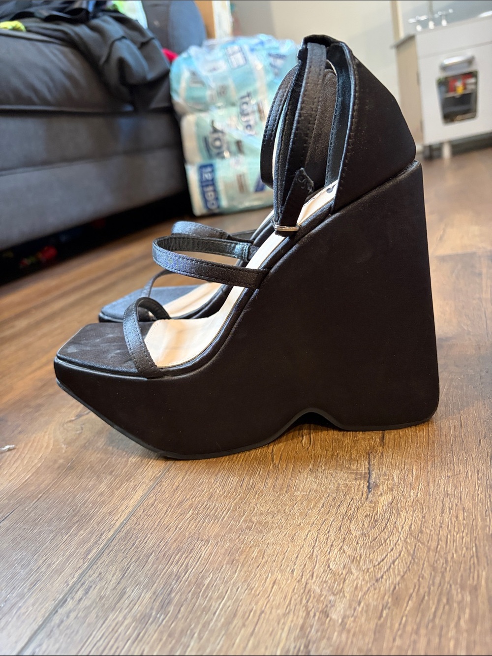 Women's Black Strappy Square-Toe Heels with Ankle Tie